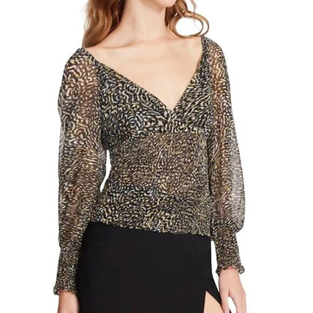 Steve Madden Shannon Chiffon Smocked Blouse Long Sleeve Black Womens‎ Size M NWT
